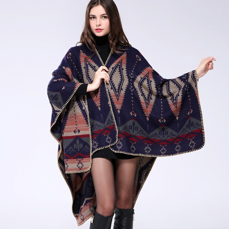 Ashoreshop Western Poncho 2022 Vintage Ethnic Argyle Pattern Knit Warm Shawl