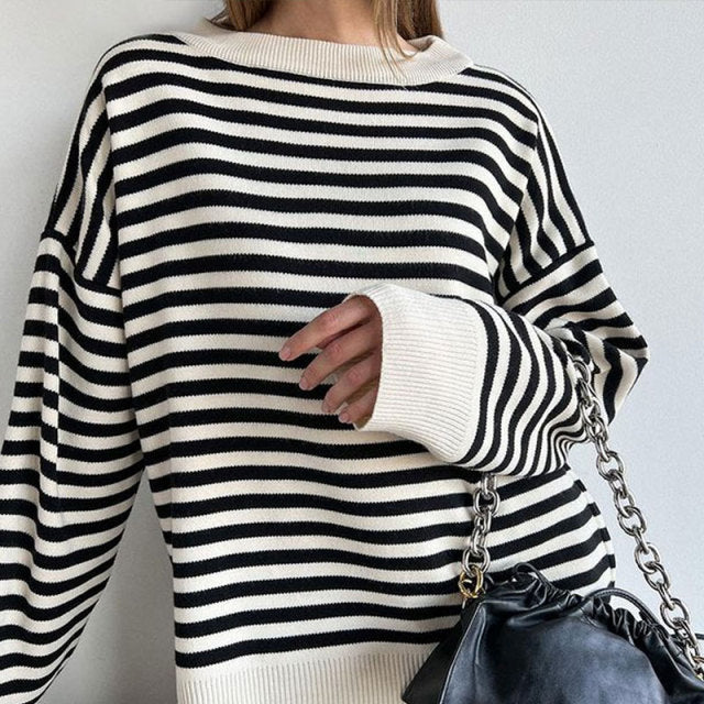 O Neck Vintage Striped Sweater Pullovers For Women Casual Loose Long Sleeves Jumpers