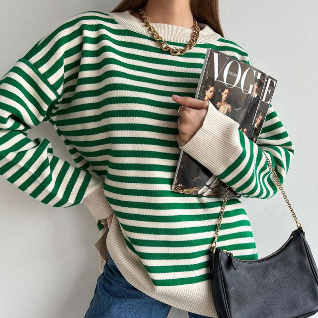 O Neck Vintage Striped Sweater Pullovers For Women Casual Loose Long Sleeves Jumpers