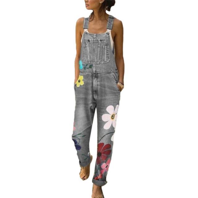 Hot Sell  Women Floral Print Pockets Washable Denim Overall Jumpsuit Suspender Trousers