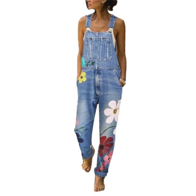 Hot Sell  Women Floral Print Pockets Washable Denim Overall Jumpsuit Suspender Trousers