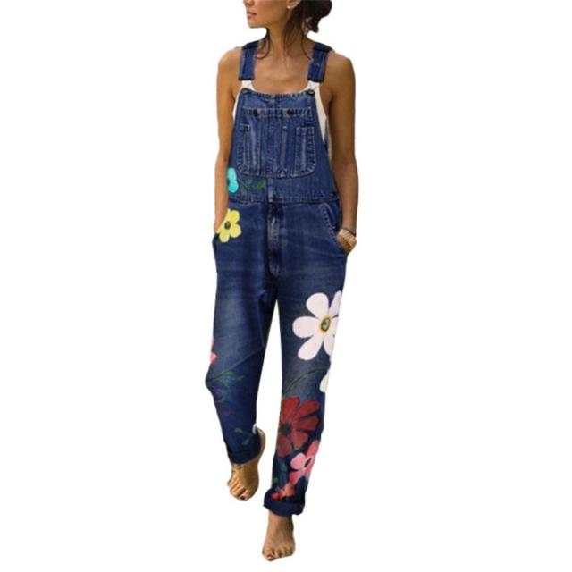 Hot Sell  Women Floral Print Pockets Washable Denim Overall Jumpsuit Suspender Trousers