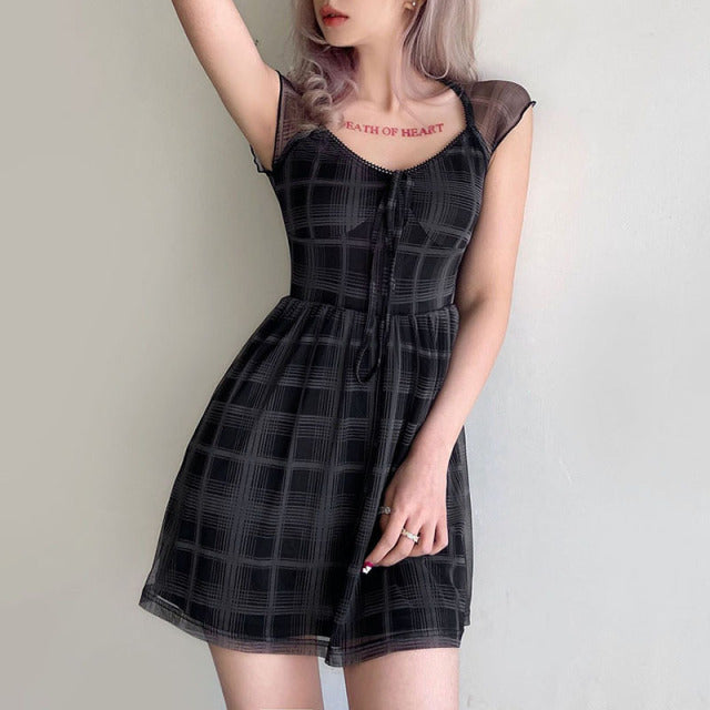 Lattice Pattern Short Sleeve Mini Dress For Women Gothic Square Collar Bow Cute Dresses