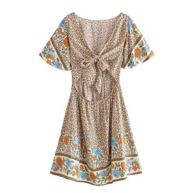 Women Floral Print Rayon Cottton Deep Bow Neck Bohemian Mini Dress