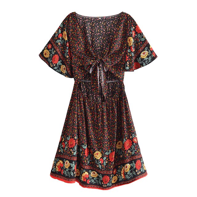 Women Floral Print Rayon Cottton Deep Bow Neck Bohemian Mini Dress