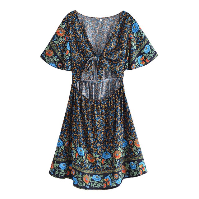 Women Floral Print Rayon Cottton Deep Bow Neck Bohemian Mini Dress