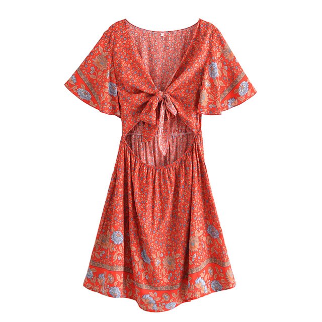 Women Floral Print Rayon Cottton Deep Bow Neck Bohemian Mini Dress