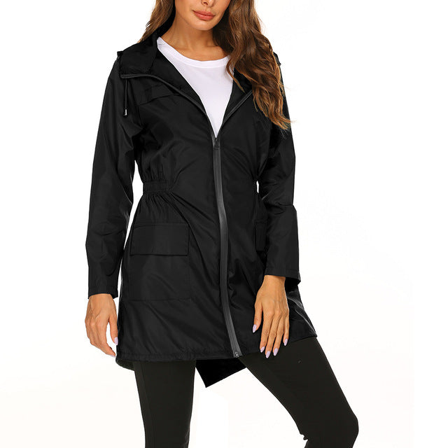 Fashion Women Rain Jacket Solid Color Long Sleeve Outdoor Waterproof Hooded Raincoat Windproof Plus Size Climbling Sportwear