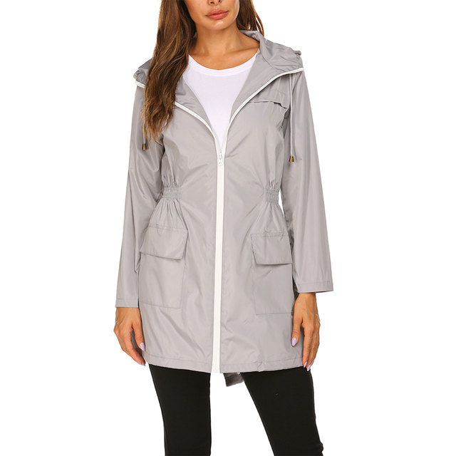 Fashion Women Rain Jacket Solid Color Long Sleeve Outdoor Waterproof Hooded Raincoat Windproof Plus Size Climbling Sportwear