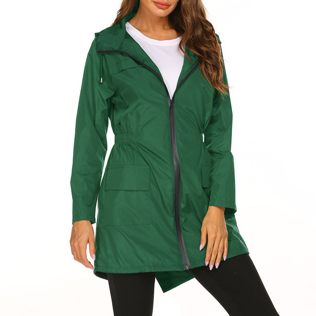 Fashion Women Rain Jacket Solid Color Long Sleeve Outdoor Waterproof Hooded Raincoat Windproof Plus Size Climbling Sportwear