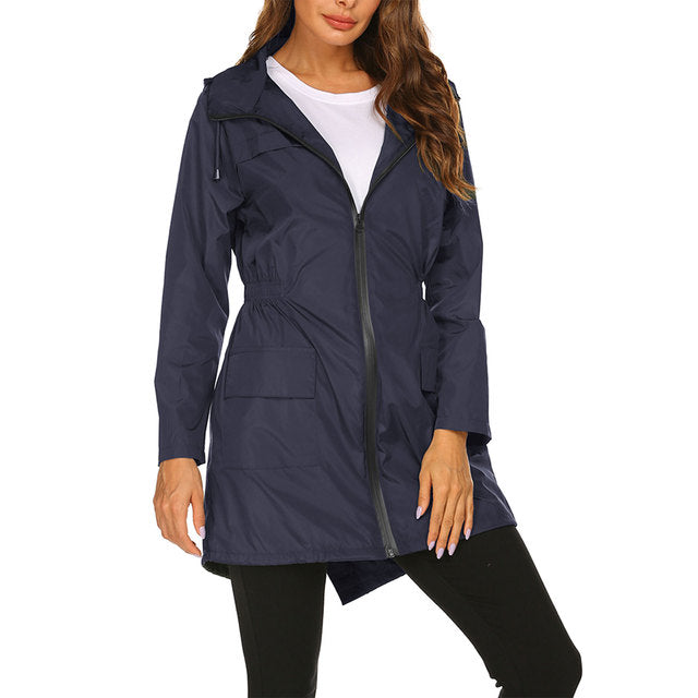 Fashion Women Rain Jacket Solid Color Long Sleeve Outdoor Waterproof Hooded Raincoat Windproof Plus Size Climbling Sportwear