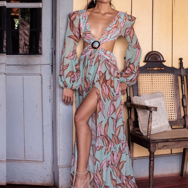 2022 Summer Cool Boho Long Dresses Retro Floral Print Bikini Cover-ups