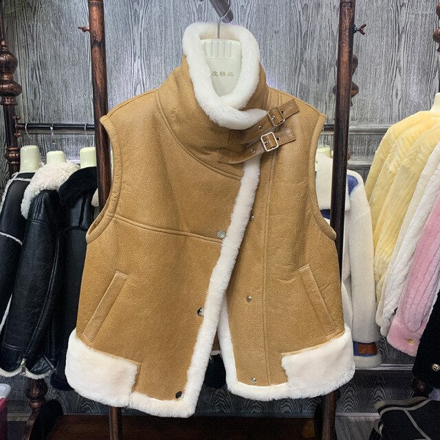 Genuine Sheepskin Leather Vest Fashion Double Face Lamb Fur Gilets Winter Autumn Luxury Waistcoat MH3638L