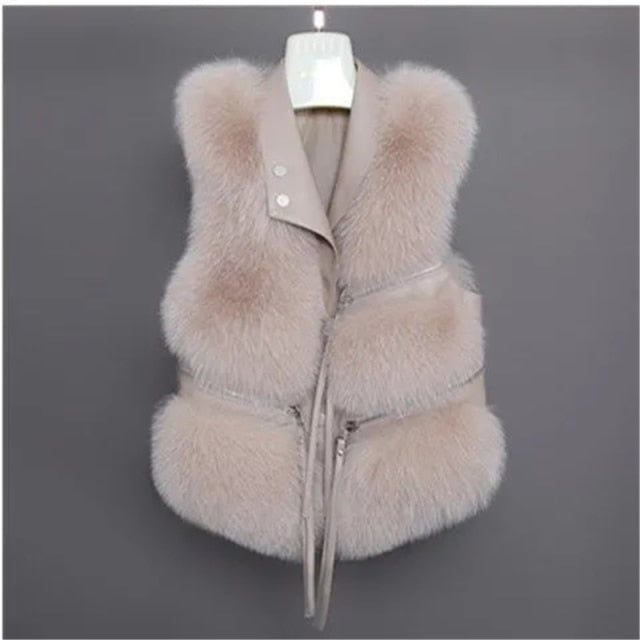 Autumn Winter Faux Fur Vest Women Solid Lapel Sleeveless Pu Leather Jackets New Loose Warm Multi-zip Decoration Coat Women