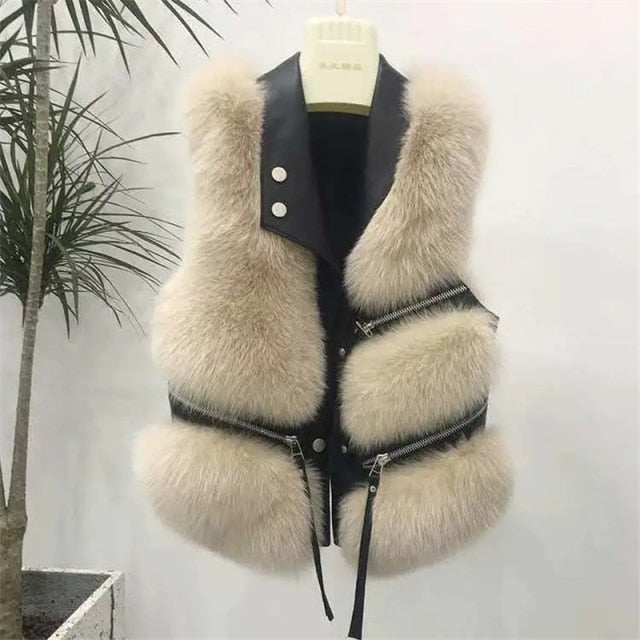 Autumn Winter Faux Fur Vest Women Solid Lapel Sleeveless Pu Leather Jackets New Loose Warm Multi-zip Decoration Coat Women