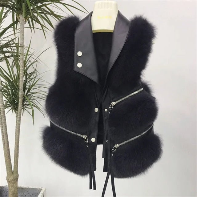 Autumn Winter Faux Fur Vest Women Solid Lapel Sleeveless Pu Leather Jackets New Loose Warm Multi-zip Decoration Coat Women