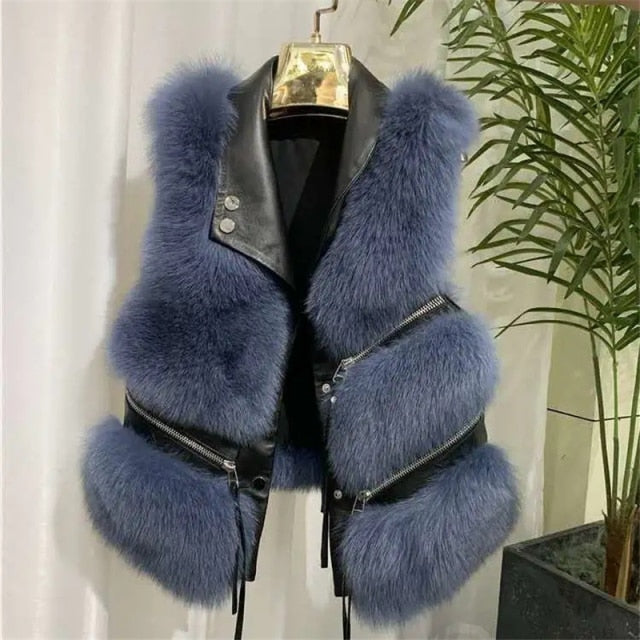 Autumn Winter Faux Fur Vest Women Solid Lapel Sleeveless Pu Leather Jackets New Loose Warm Multi-zip Decoration Coat Women