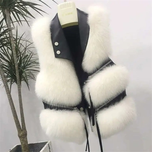 Autumn Winter Faux Fur Vest Women Solid Lapel Sleeveless Pu Leather Jackets New Loose Warm Multi-zip Decoration Coat Women