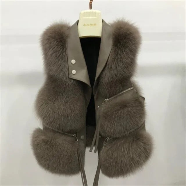 Autumn Winter Faux Fur Vest Women Solid Lapel Sleeveless Pu Leather Jackets New Loose Warm Multi-zip Decoration Coat Women