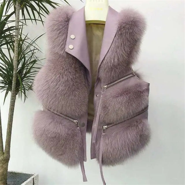 Autumn Winter Faux Fur Vest Women Solid Lapel Sleeveless Pu Leather Jackets New Loose Warm Multi-zip Decoration Coat Women