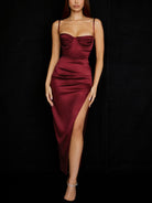 Prom Dresses Summer Satin Dress Split Spaghetti Strap Lining Underwire Padded Dress