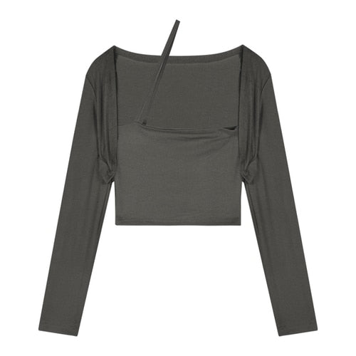 Long SleeveT-shirt Womens Halter Neck Tube Top Square Neck Short Slim tops