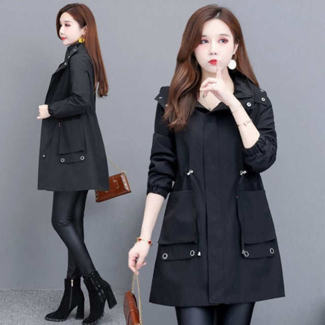 Spring Autumn Trench Coat Women Hooded Korean Clothes Casual Long Outerwear Female Long Sleeve Windbreaker