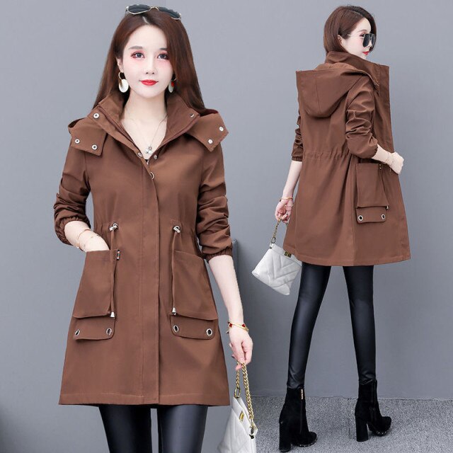 Spring Autumn Trench Coat Women Hooded Korean Clothes Casual Long Outerwear Female Long Sleeve Windbreaker