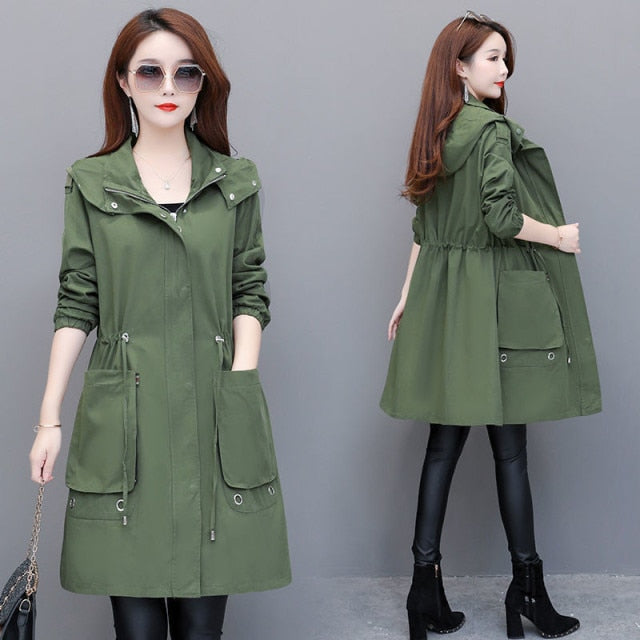 Spring Autumn Trench Coat Women Hooded Korean Clothes Casual Long Outerwear Female Long Sleeve Windbreaker