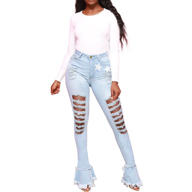 Ripped Jeans Women High Waist Slim Fashion Denim Trousers