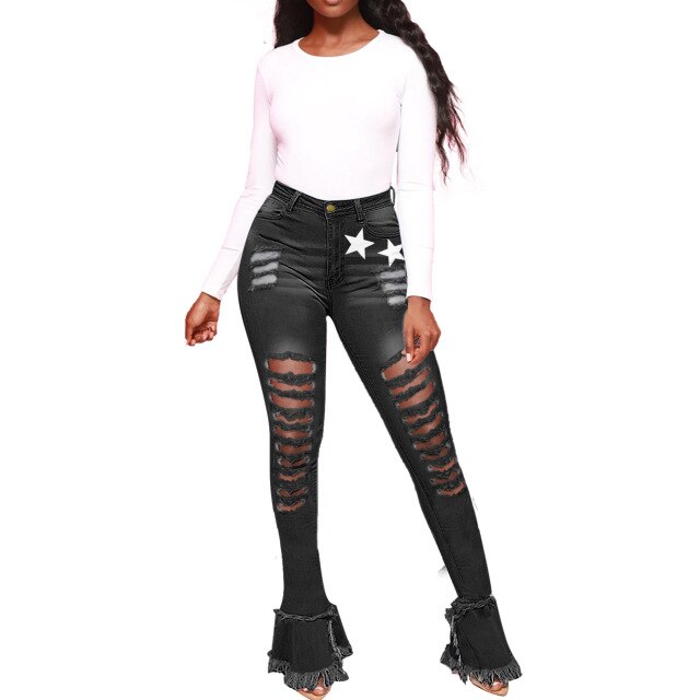 Ripped Jeans Women High Waist Slim Fashion Denim Trousers