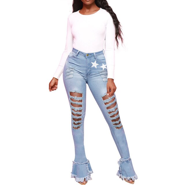 Ripped Jeans Women High Waist Slim Fashion Denim Trousers