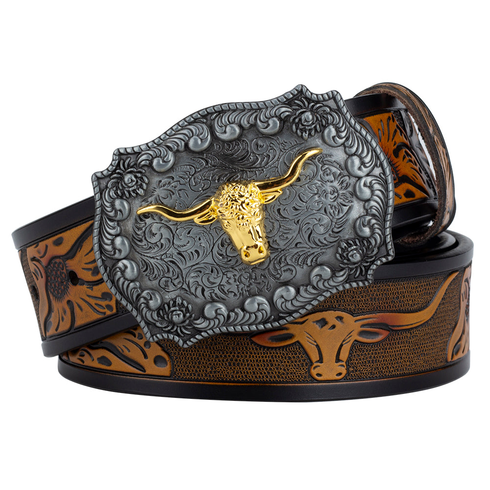 Ox Head Buckle Genuine Leather Embossing Belt Luxury for Men WomensFashion Animal Pattern