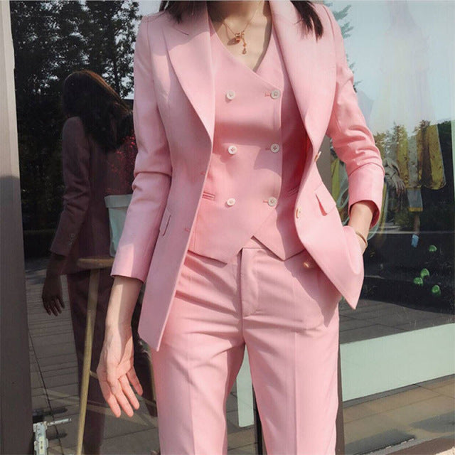 2022 Fashion New Ladies Business Solid Color Suits Trousers Waistcoat /Pink Commuter Blazers Jacket Pants Vest Set