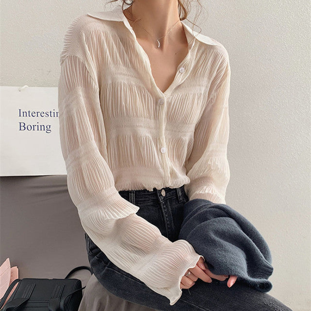 New 2022 Spring Vintage Elegant Women Chiffon Pleated Texture Blouses