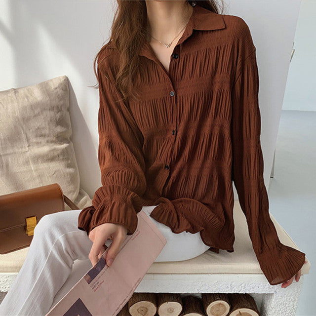 New 2022 Spring Vintage Elegant Women Chiffon Pleated Texture Blouses