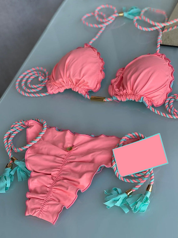 Sexy Pleated Micro Bikini 2022 Biquinis Feminino Swimsuit Solid Bikini Set String Swimwear
