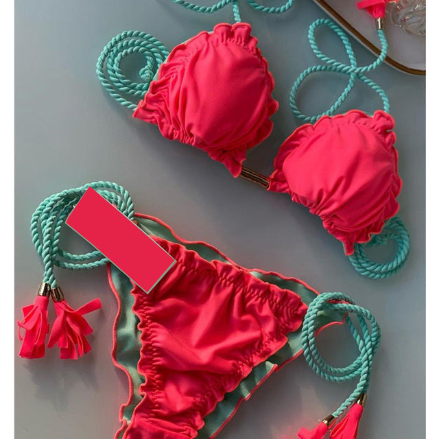 Sexy Pleated Micro Bikini 2022 Biquinis Feminino Swimsuit Solid Bikini Set String Swimwear