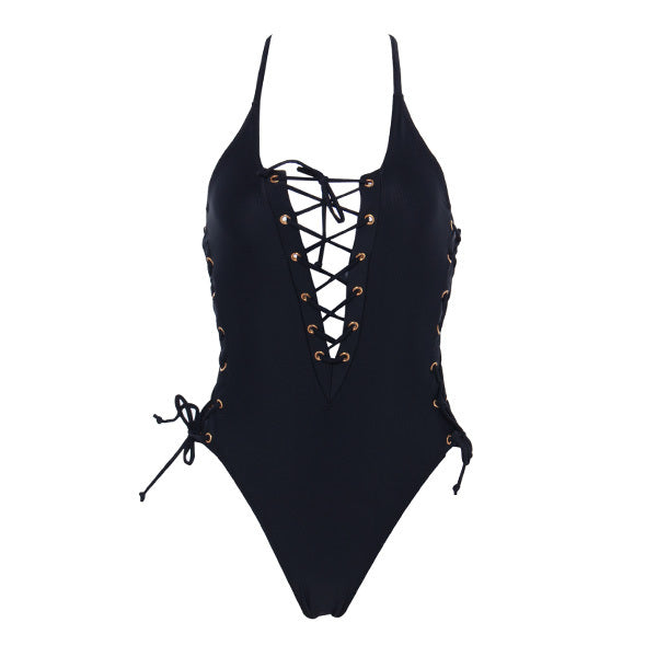 Solid Lace Up One Piece Swimsuit Women Sexy High Cut Swimwear