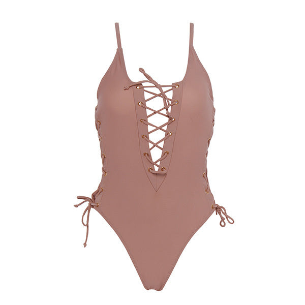 Solid Lace Up One Piece Swimsuit Women Sexy High Cut Swimwear