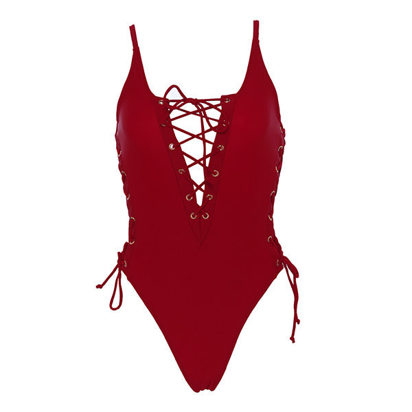 Solid Lace Up One Piece Swimsuit Women Sexy High Cut Swimwear