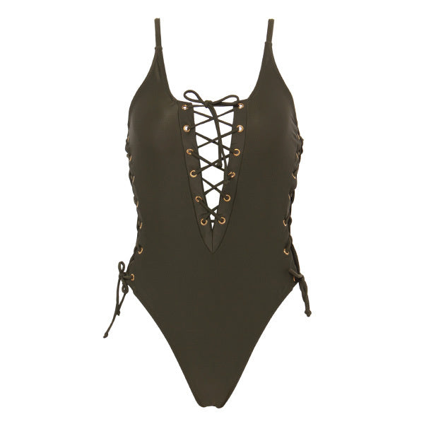 Solid Lace Up One Piece Swimsuit Women Sexy High Cut Swimwear