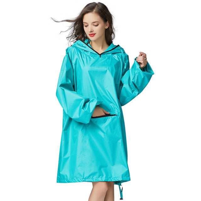 Women Stylish Rainproof Windbreaker  Poncho Cloak Raincoat with Hood Sleeves and Big Pocket on Front