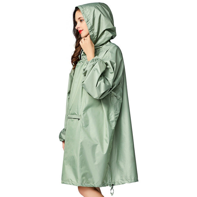 Women Stylish Rainproof Windbreaker  Poncho Cloak Raincoat with Hood Sleeves and Big Pocket on Front