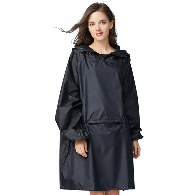 Women Stylish Rainproof Windbreaker  Poncho Cloak Raincoat with Hood Sleeves and Big Pocket on Front