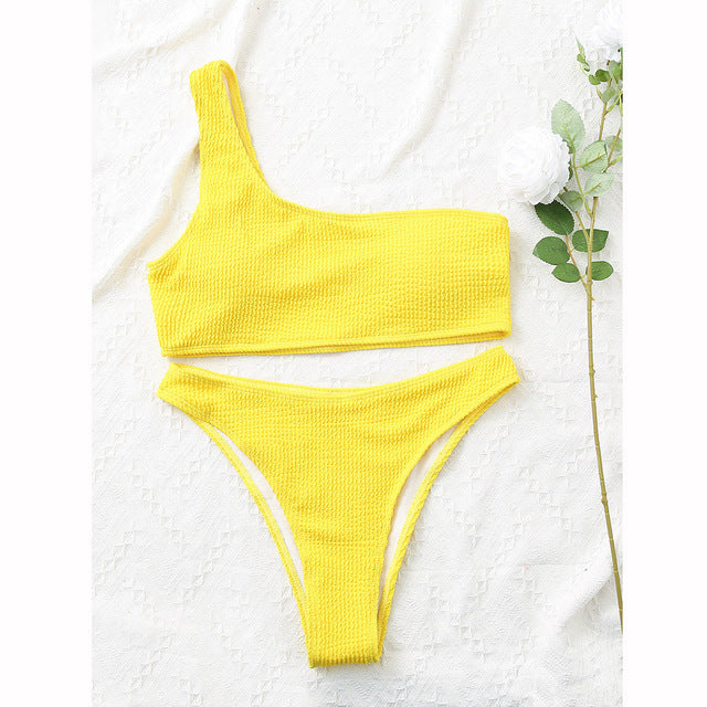 Women Swimsuits Female Sexy Bikini One Shoulder Bikinis Set High Waist Swimwear