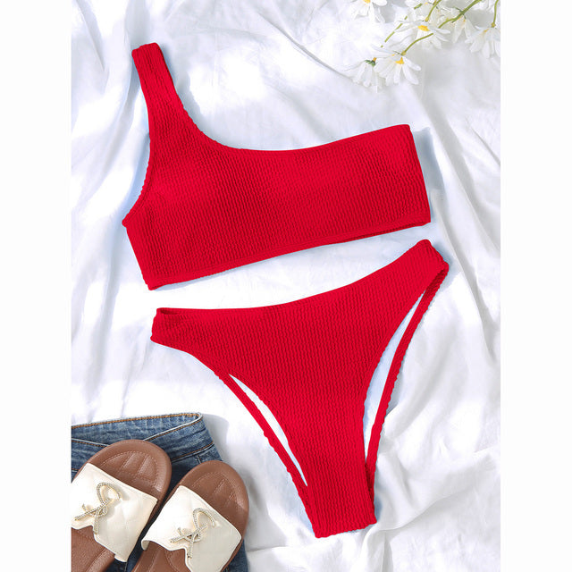 Women Swimsuits Female Sexy Bikini One Shoulder Bikinis Set High Waist Swimwear