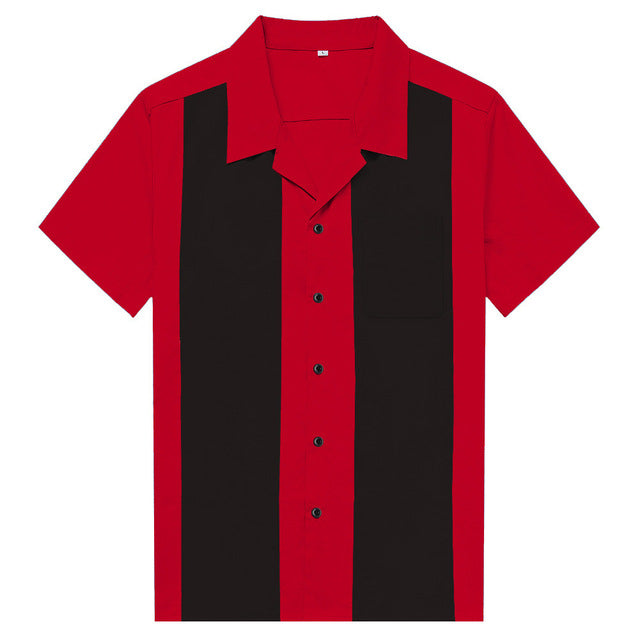 Short Sleeve Black Red Rockabilly Bowling Cotton Casual Shirts for Men