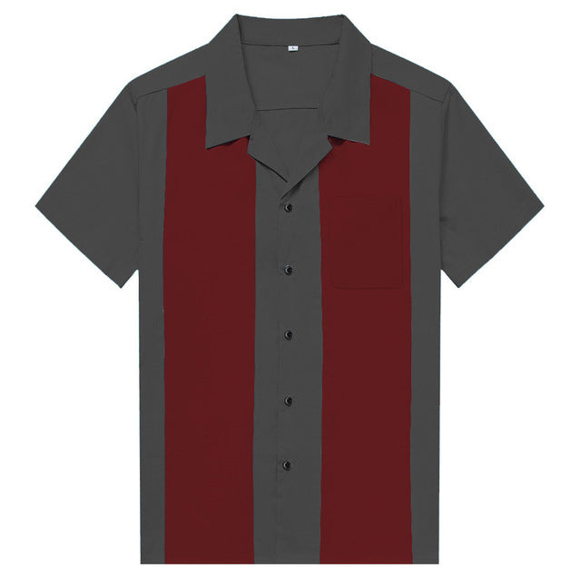 Short Sleeve Black Red Rockabilly Bowling Cotton Casual Shirts for Men