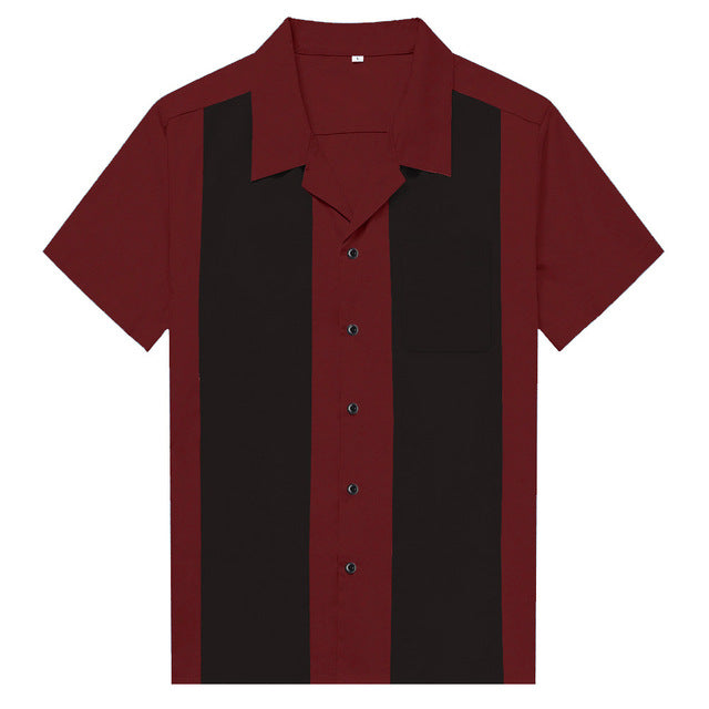 Short Sleeve Black Red Rockabilly Bowling Cotton Casual Shirts for Men